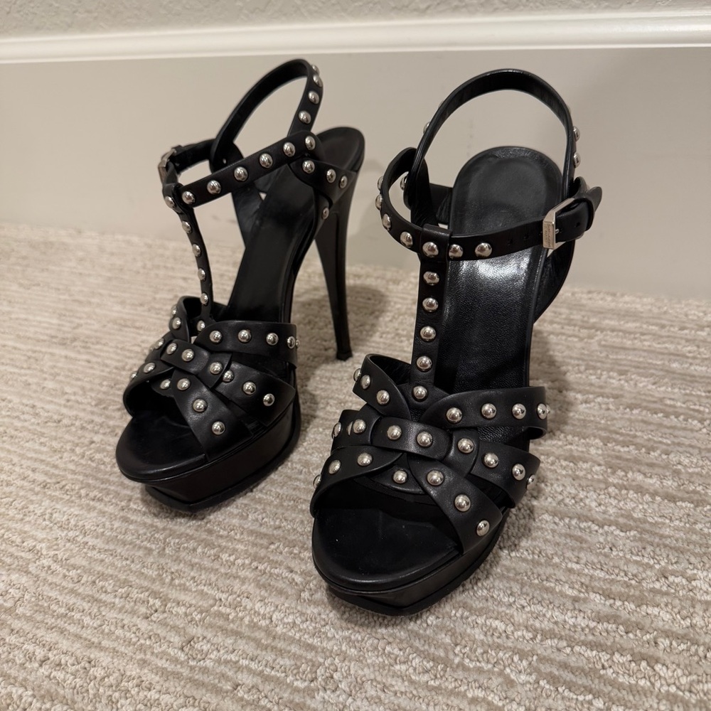 Saint Laurent Black Leather Studded Tribute Platform Sandals Heels Size 37.5
